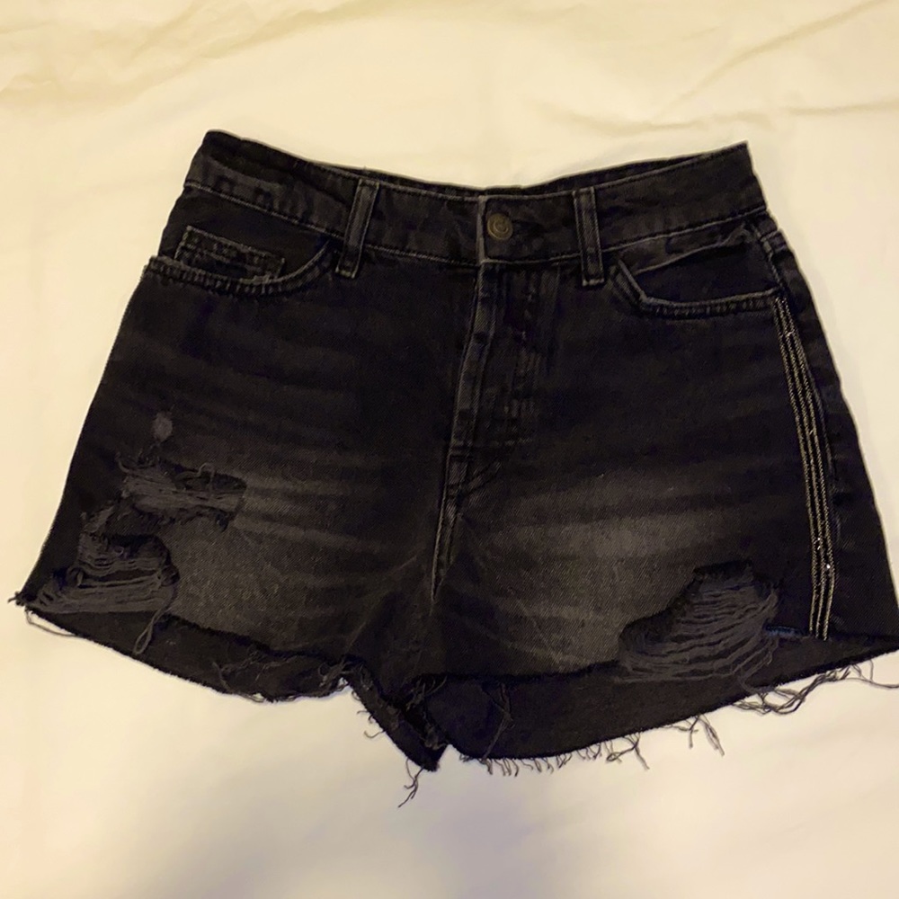 ZARA Jeweled-detailed, Distressed, Black Demin Shorts